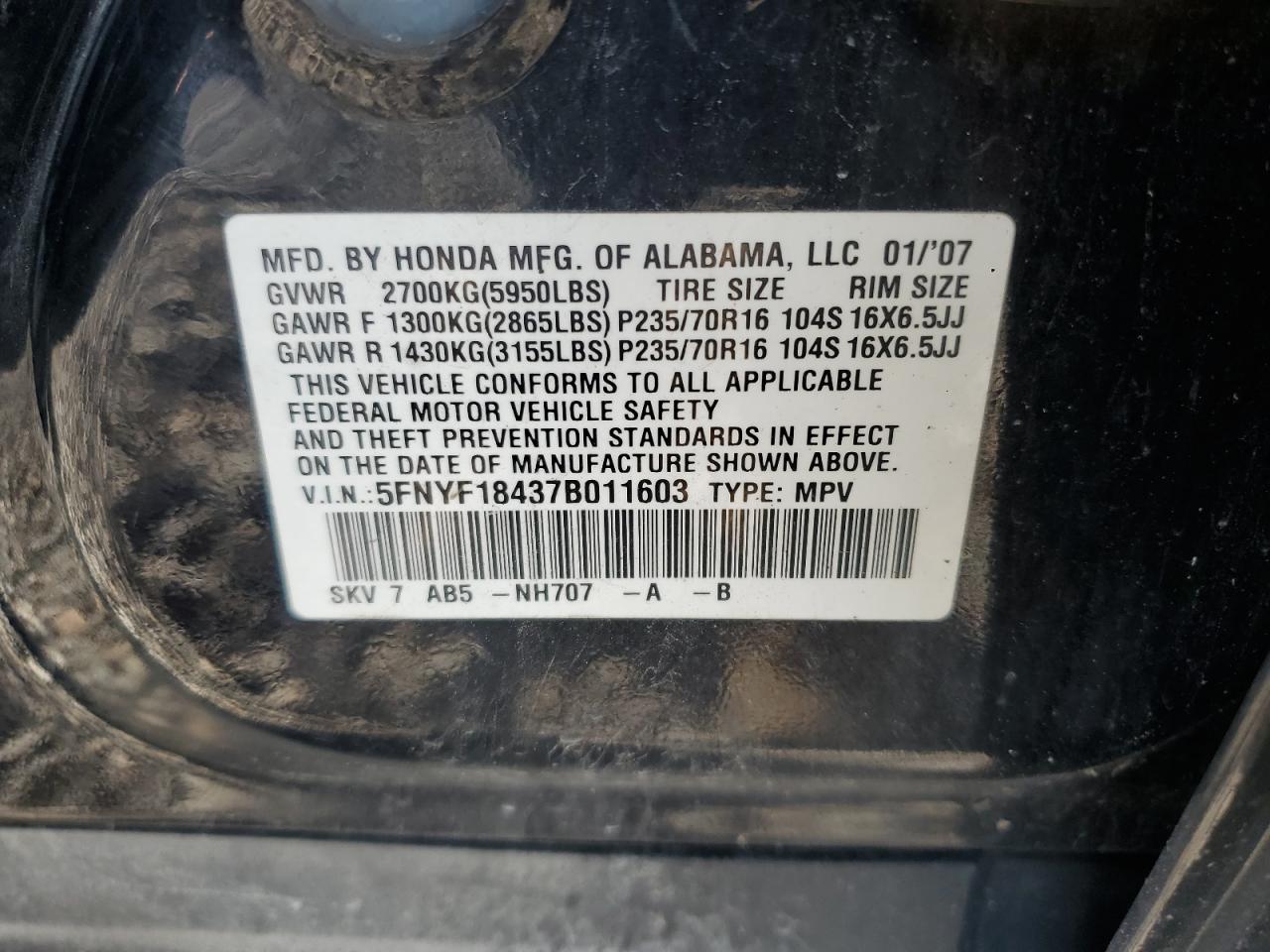 2007 Honda Pilot Ex VIN: 5FNYF18437B011603 Lot: 83930105