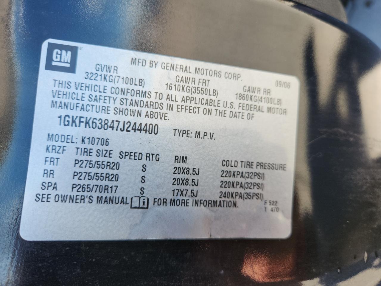 2007 GMC Yukon Denali VIN: 1GKFK63847J244400 Lot: 72004175