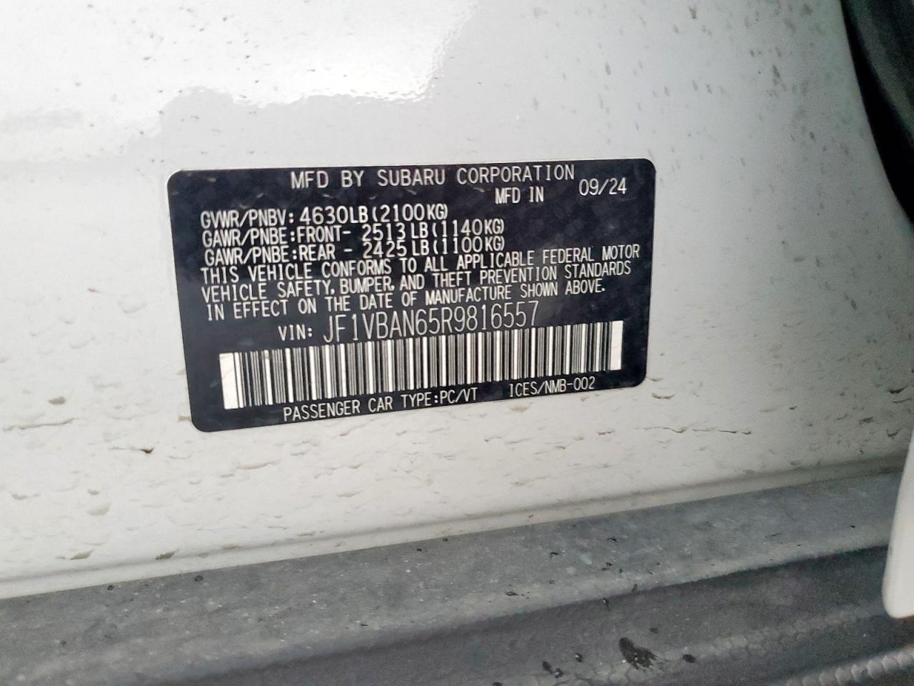 2024 Subaru Wrx Limited VIN: JF1VBAN65R9816557 Lot: 83806035