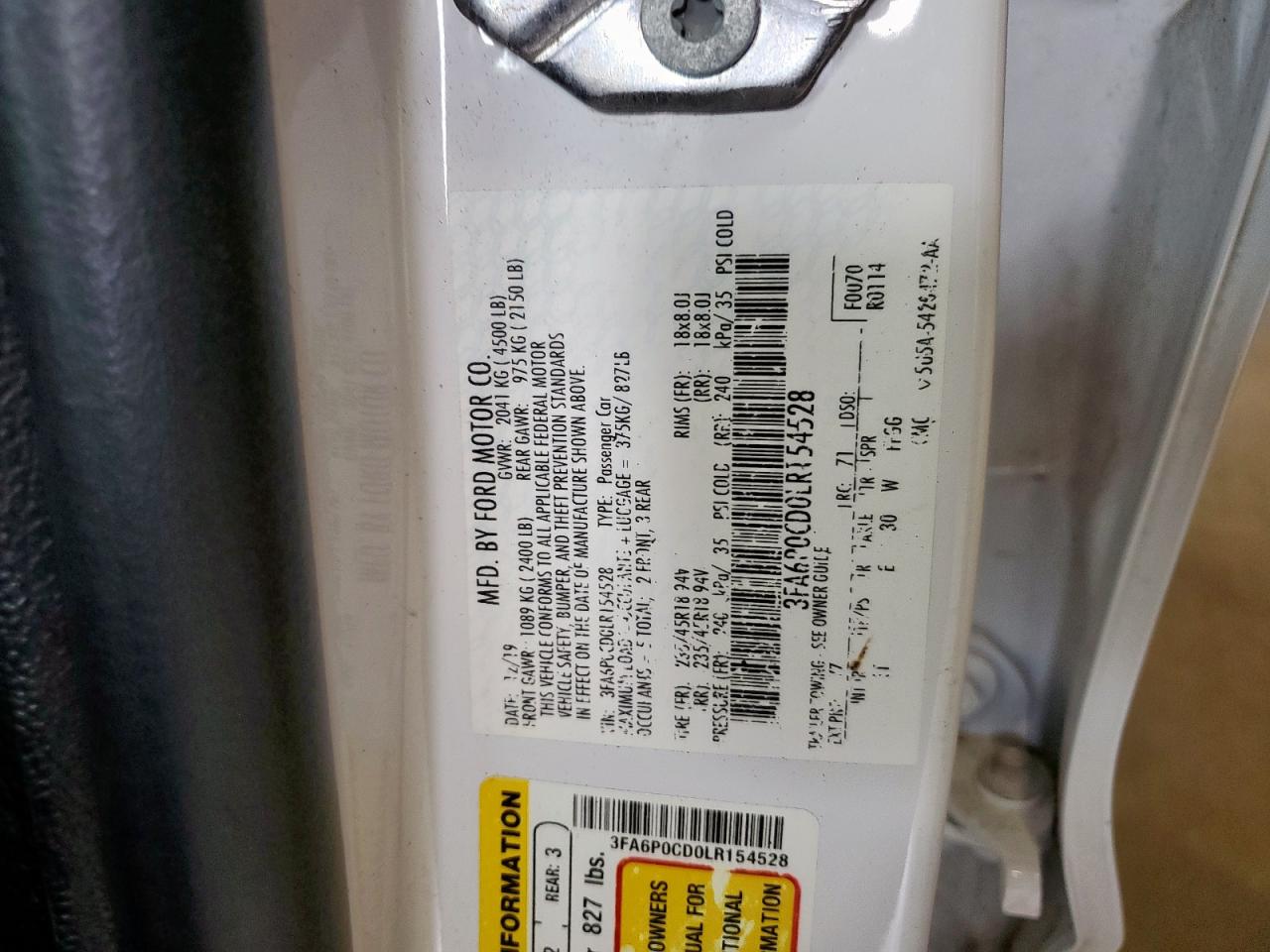 2020 Ford Fusion Sel VIN: 3FA6P0CD0LR154528 Lot: 81902445