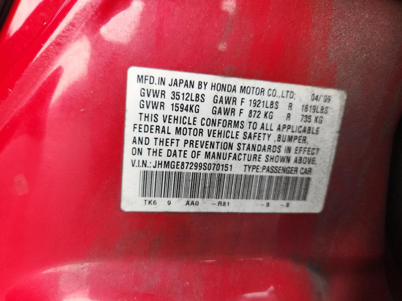 2009 Honda Fit VIN: JHMGE87299S070151 Lot: 81241215