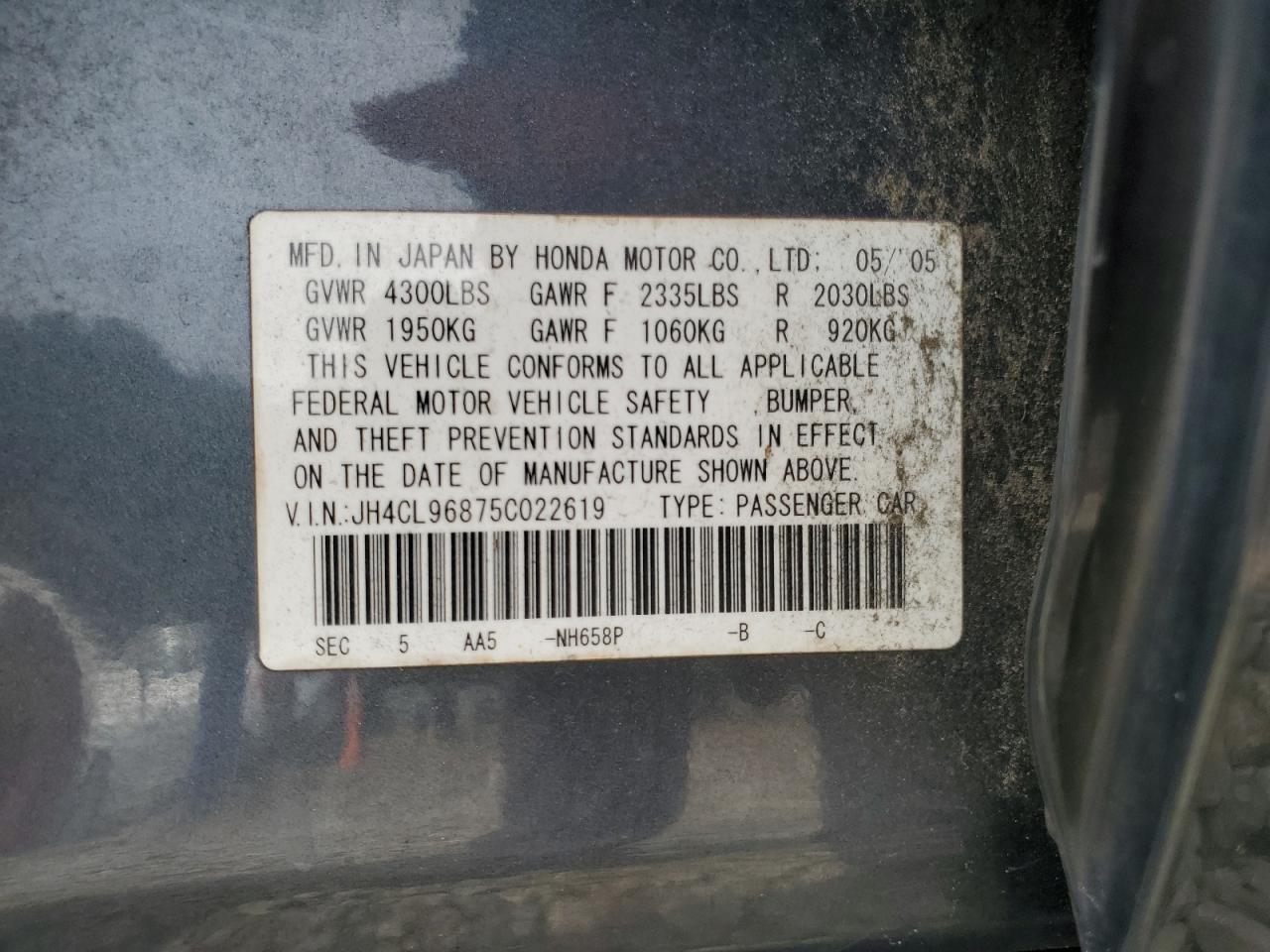 2005 Acura Tsx VIN: JH4CL96875C022619 Lot: 81364395