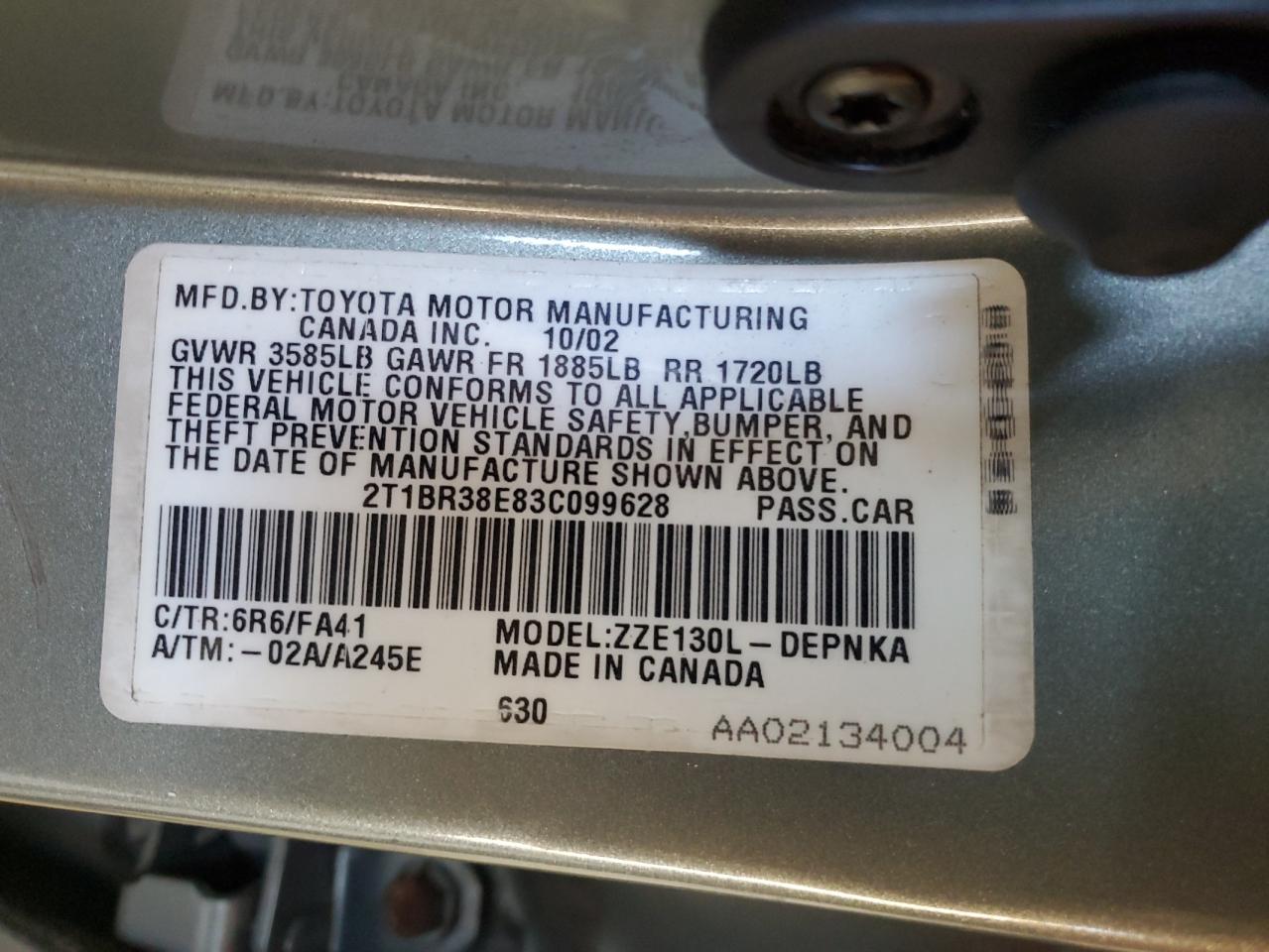 2003 Toyota Corolla Ce VIN: 2T1BR38E83C099628 Lot: 71662445