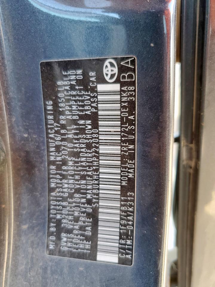 2017 Toyota Corolla L VIN: 5YFBURHE1HP722080 Lot: 84008745