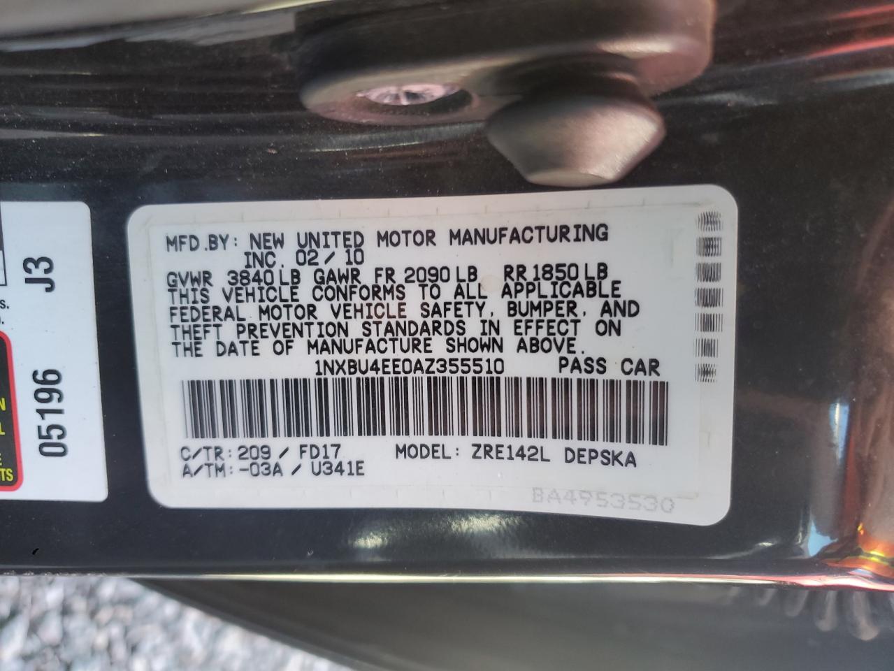2010 Toyota Corolla Base VIN: 1NXBU4EE0AZ355510 Lot: 80196565