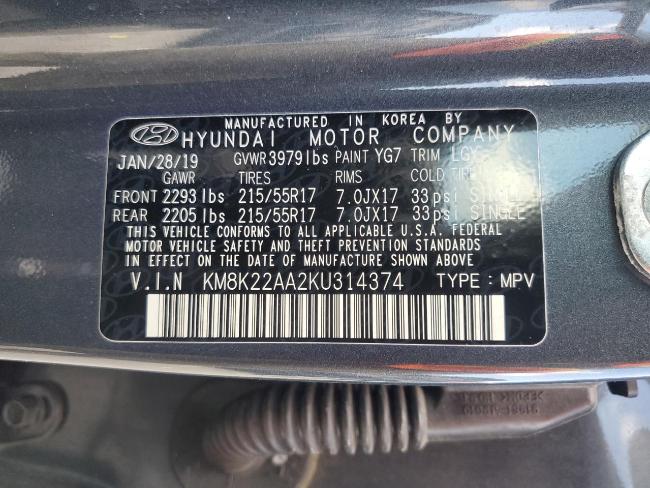 2019 Hyundai Kona Sel VIN: KM8K22AA2KU314374 Lot: 71012745