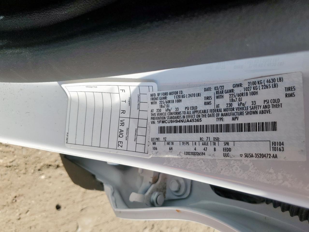 2022 Ford Escape Sel VIN: 1FMCU9H94NUA45365 Lot: 84705735