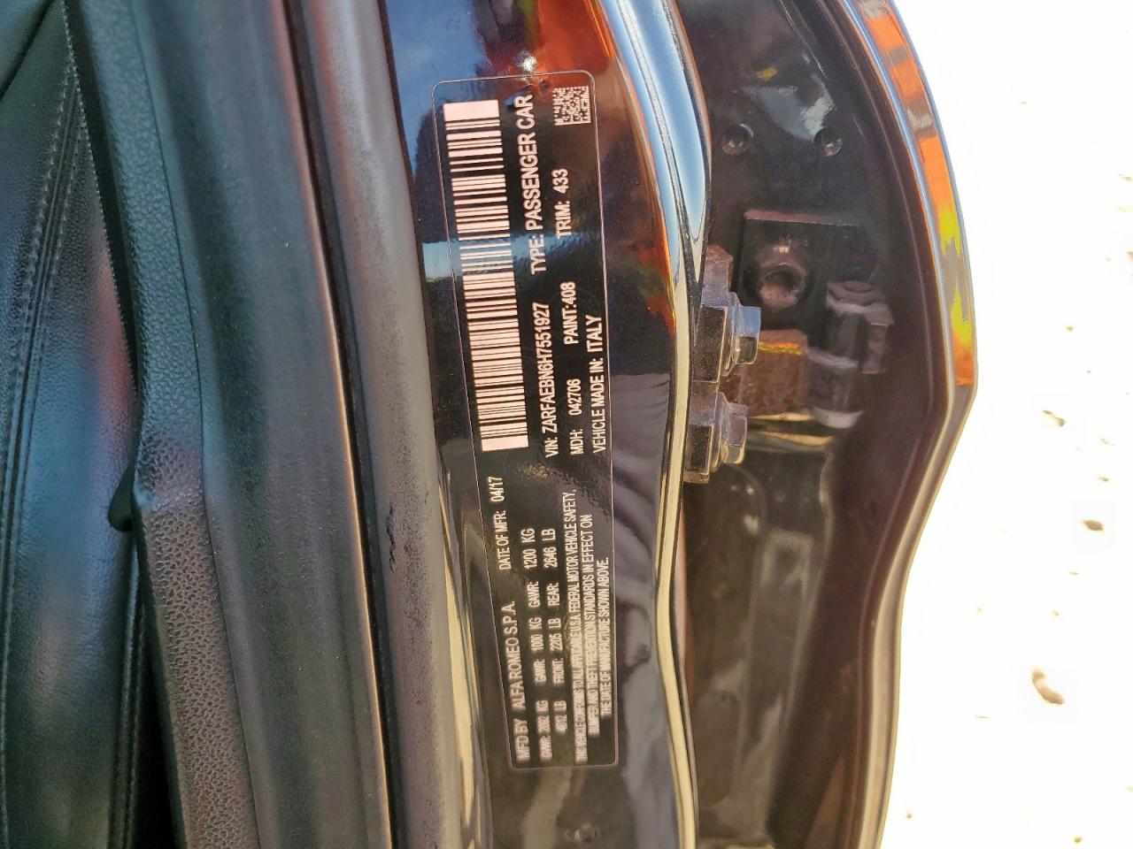 2017 Alfa Romeo Giulia VIN: ZARFAEBN6H7551927 Lot: 71884175