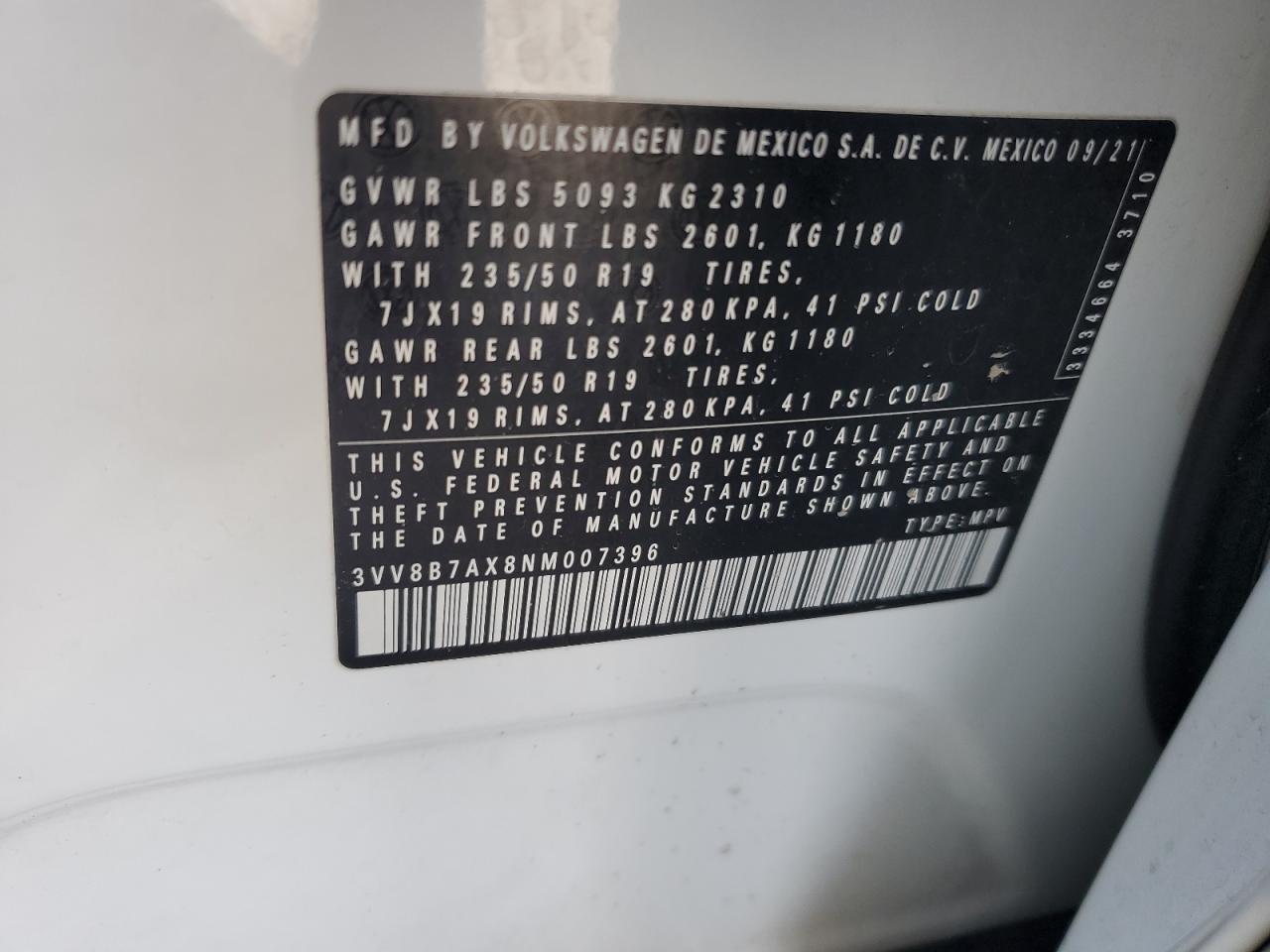 2022 Volkswagen Tiguan Se R-Line Black VIN: 3VV8B7AX8NM007396 Lot: 71193445