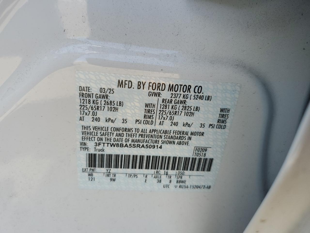 2025 Ford Maverick Xl VIN: 3FTTW8BA5SRA50914 Lot: 80822585