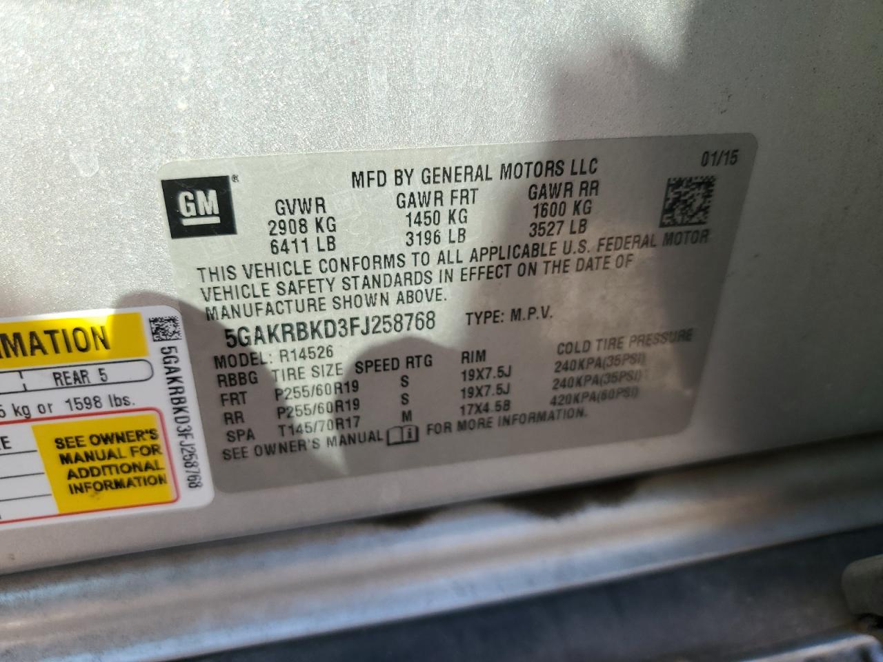 2015 Buick Enclave VIN: 5GAKRBKD3FJ258768 Lot: 71233785