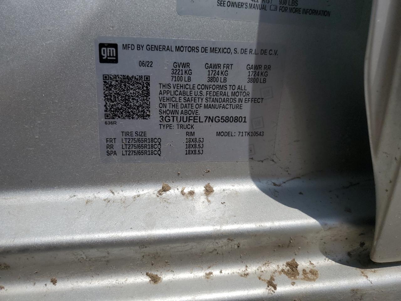 2022 GMC Sierra K1500 At4X VIN: 3GTUUFEL7NG580801 Lot: 71188305