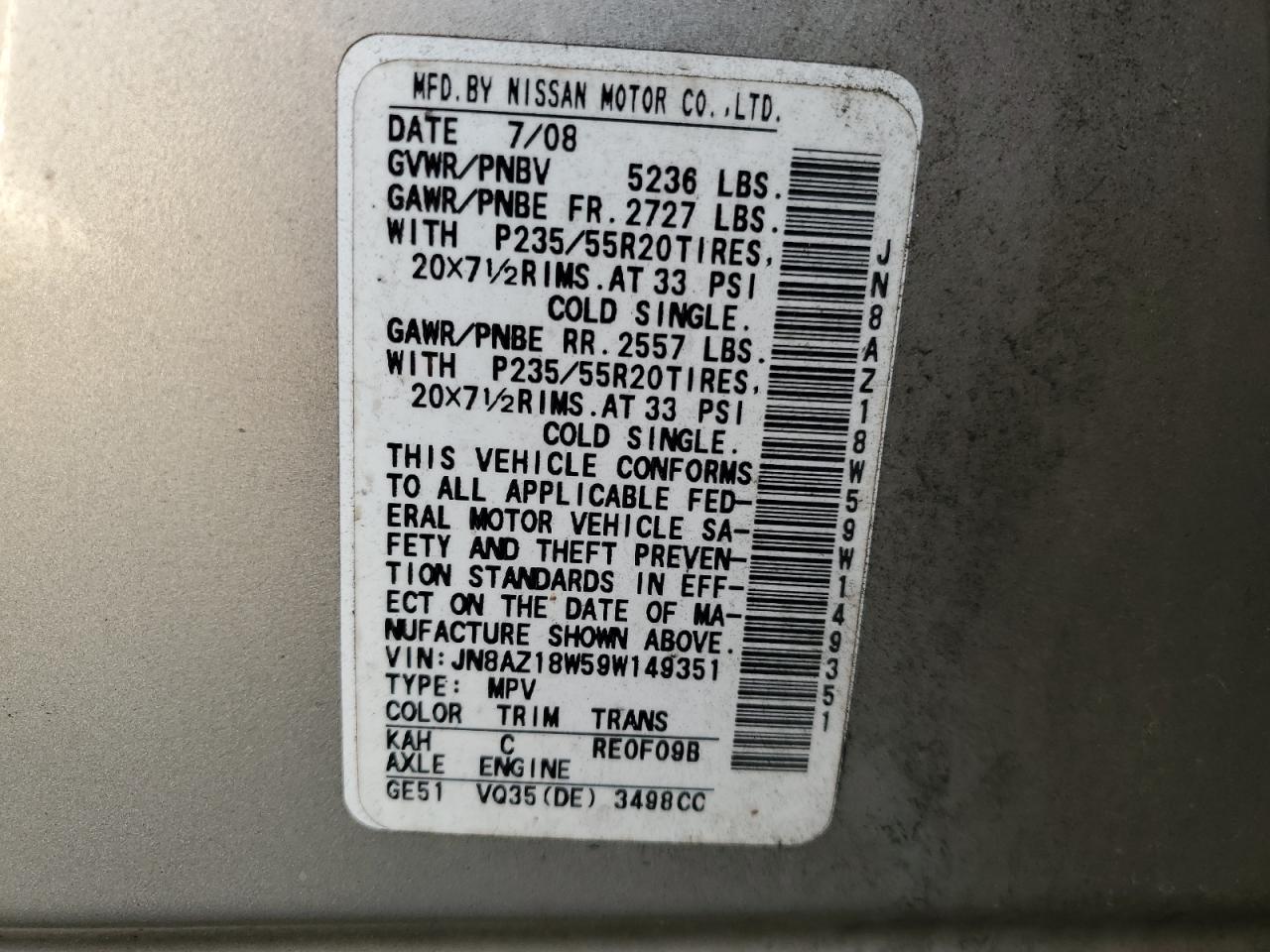 2009 Nissan Murano S VIN: JN8AZ18W59W149351 Lot: 80036415