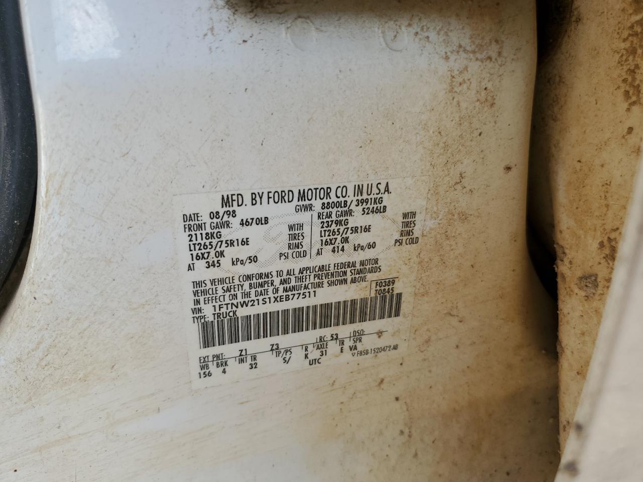 1999 Ford F250 Super Duty VIN: 1FTNW21S1XEB77511 Lot: 83973775