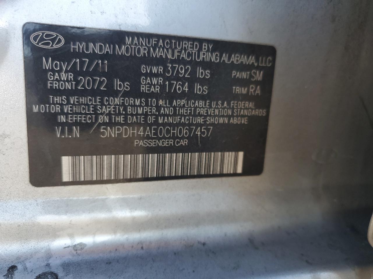 2012 Hyundai Elantra Gls VIN: 5NPDH4AE0CH067457 Lot: 83861175