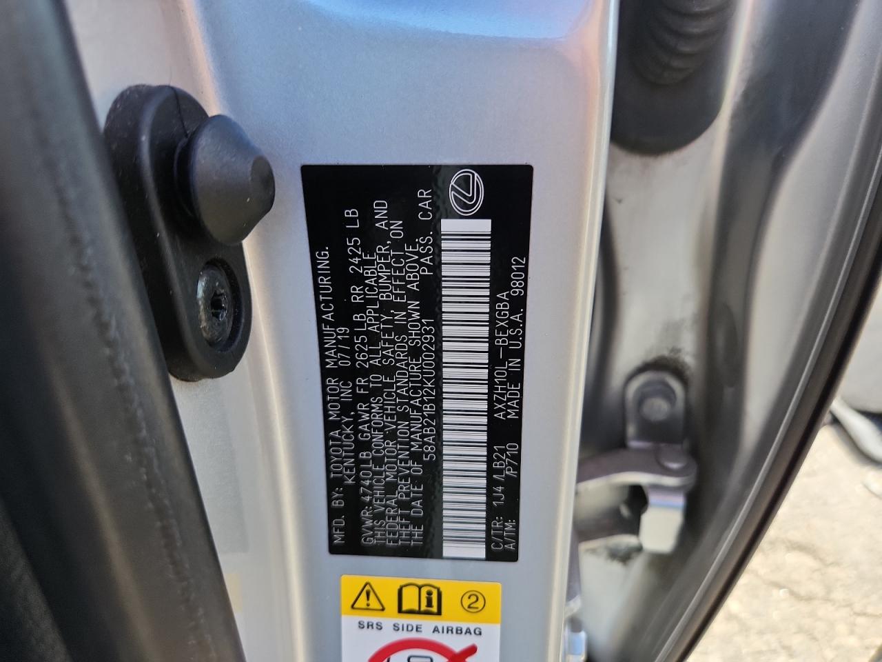 2019 Lexus Es 300H VIN: 58AB21B12KU002931 Lot: 80368415