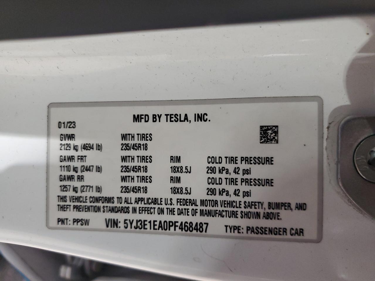 2023 Tesla Model 3 VIN: 5YJ3E1EA0PF468487 Lot: 71189085