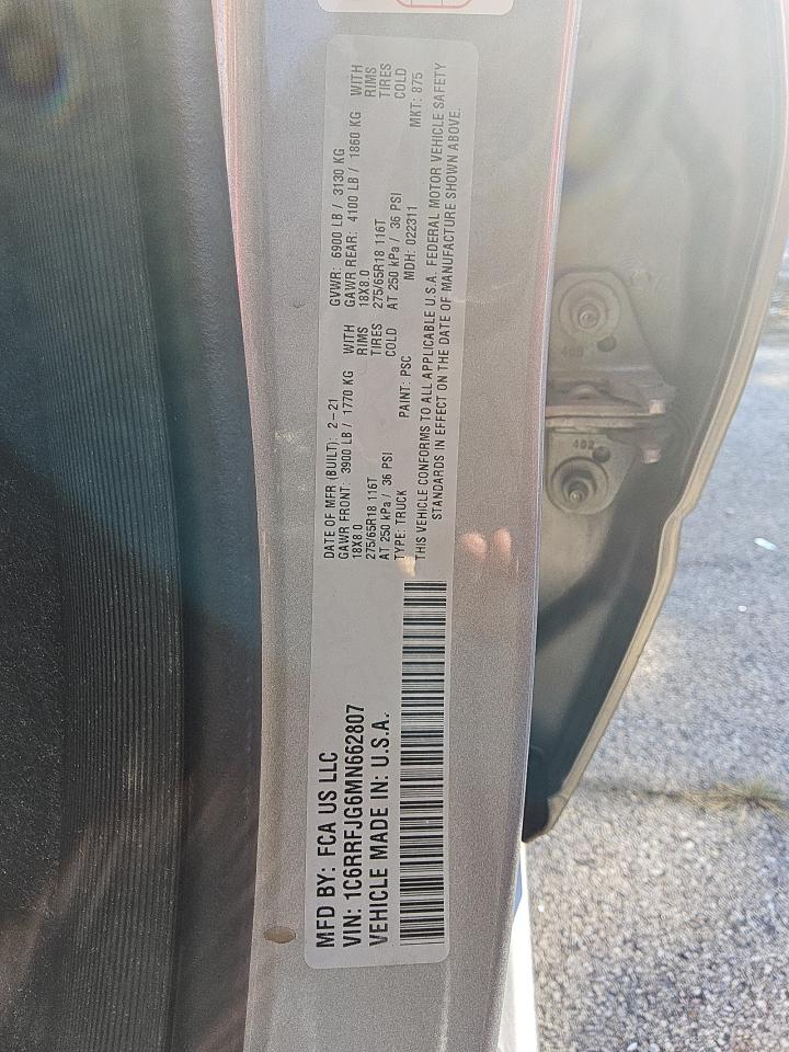 2021 Ram 1500 Laramie VIN: 1C6RRFJG6MN662807 Lot: 80495695