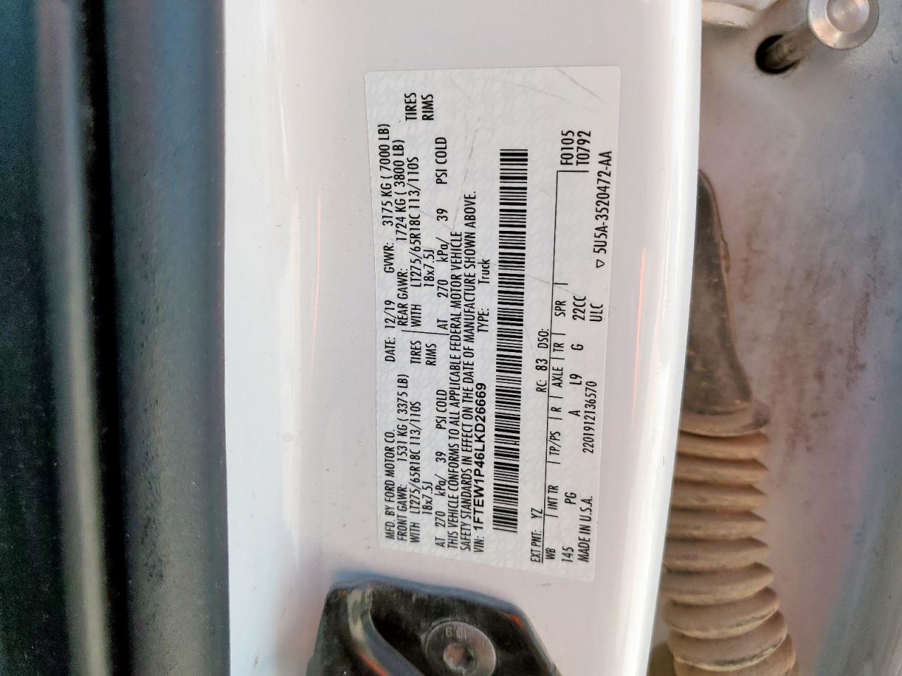 2020 Ford F150 Police Responder VIN: 1FTEW1P46LKD26669 Lot: 80326175