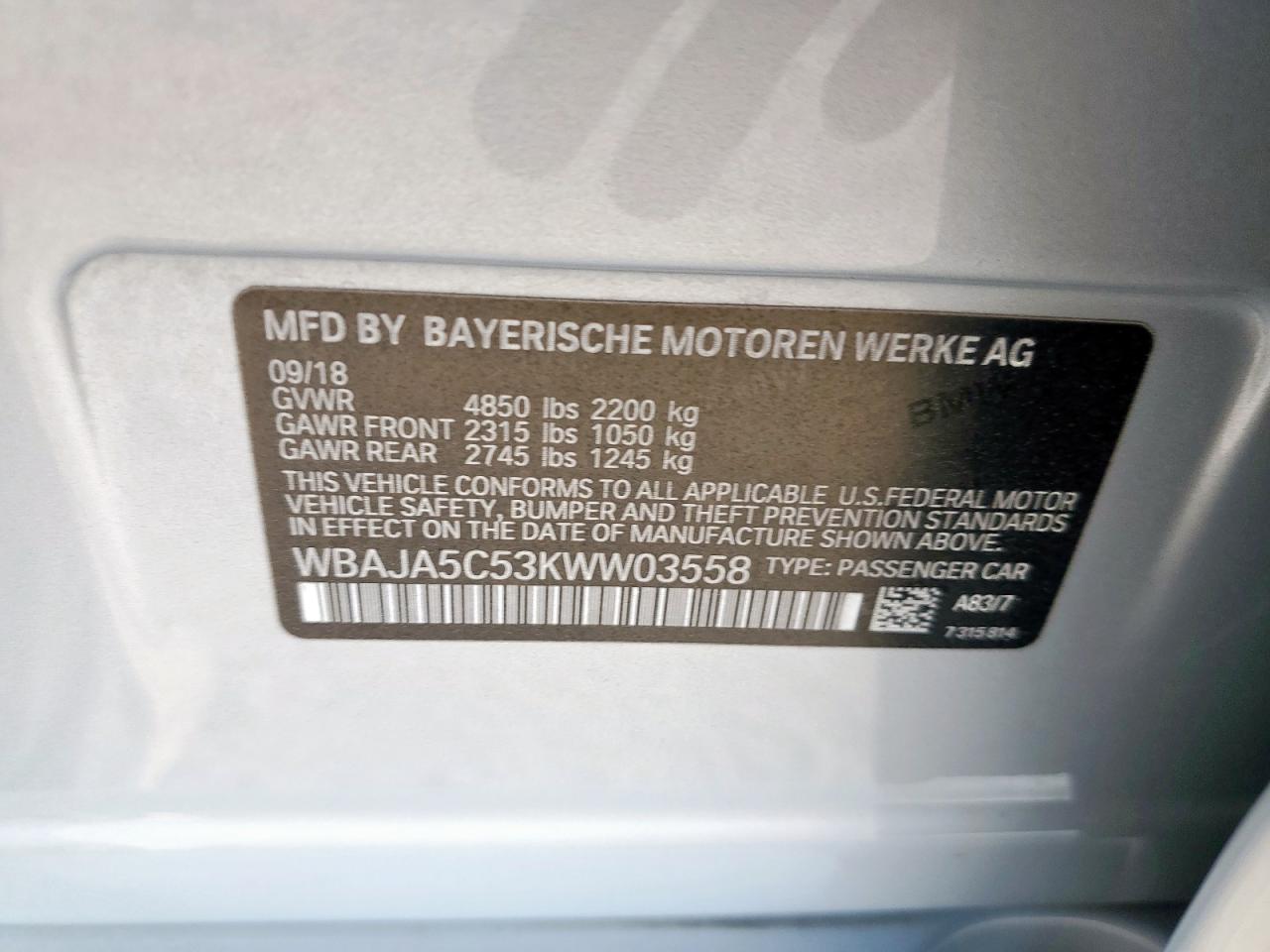 2019 BMW 530 I VIN: WBAJA5C53KWW03558 Lot: 81129835