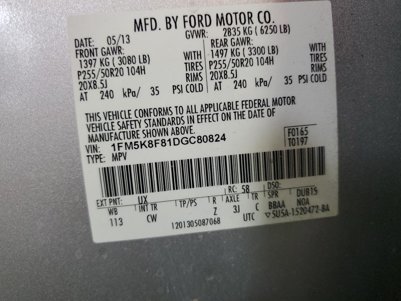 2013 Ford Explorer Limited VIN: 1FM5K8F81DGC80824 Lot: 70866055