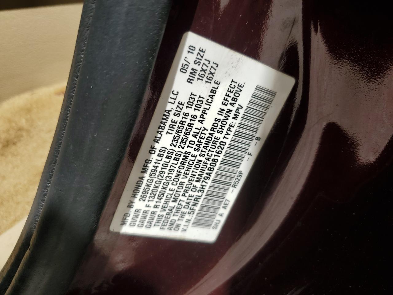 2010 Honda Odyssey Exl VIN: 5FNRL3H79AB081620 Lot: 80613295