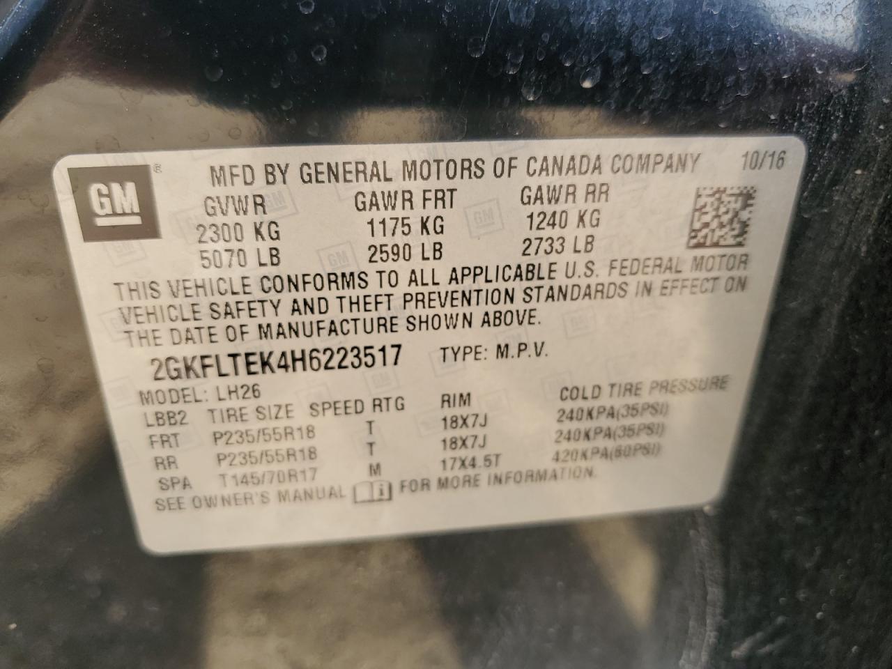 2017 GMC Terrain Sle VIN: 2GKFLTEK4H6223517 Lot: 82047605