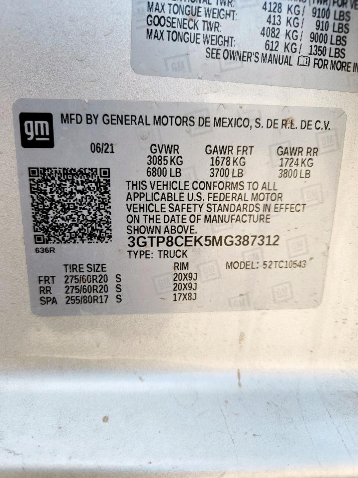 2021 GMC Sierra C1500 Elevation VIN: 3GTP8CEK5MG387312 Lot: 80740535