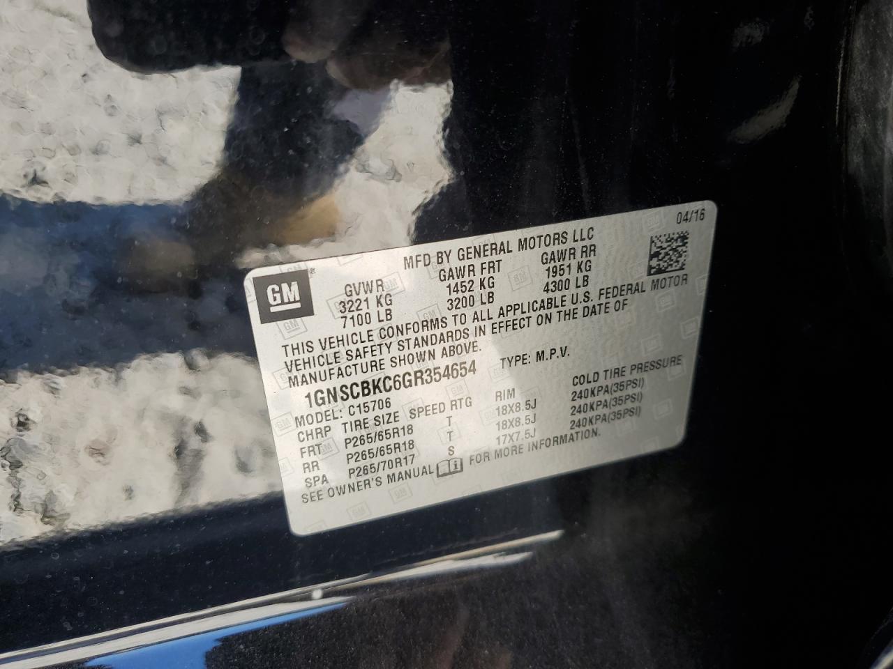 2016 Chevrolet Tahoe C1500 Lt VIN: 1GNSCBKC6GR354654 Lot: 80334785