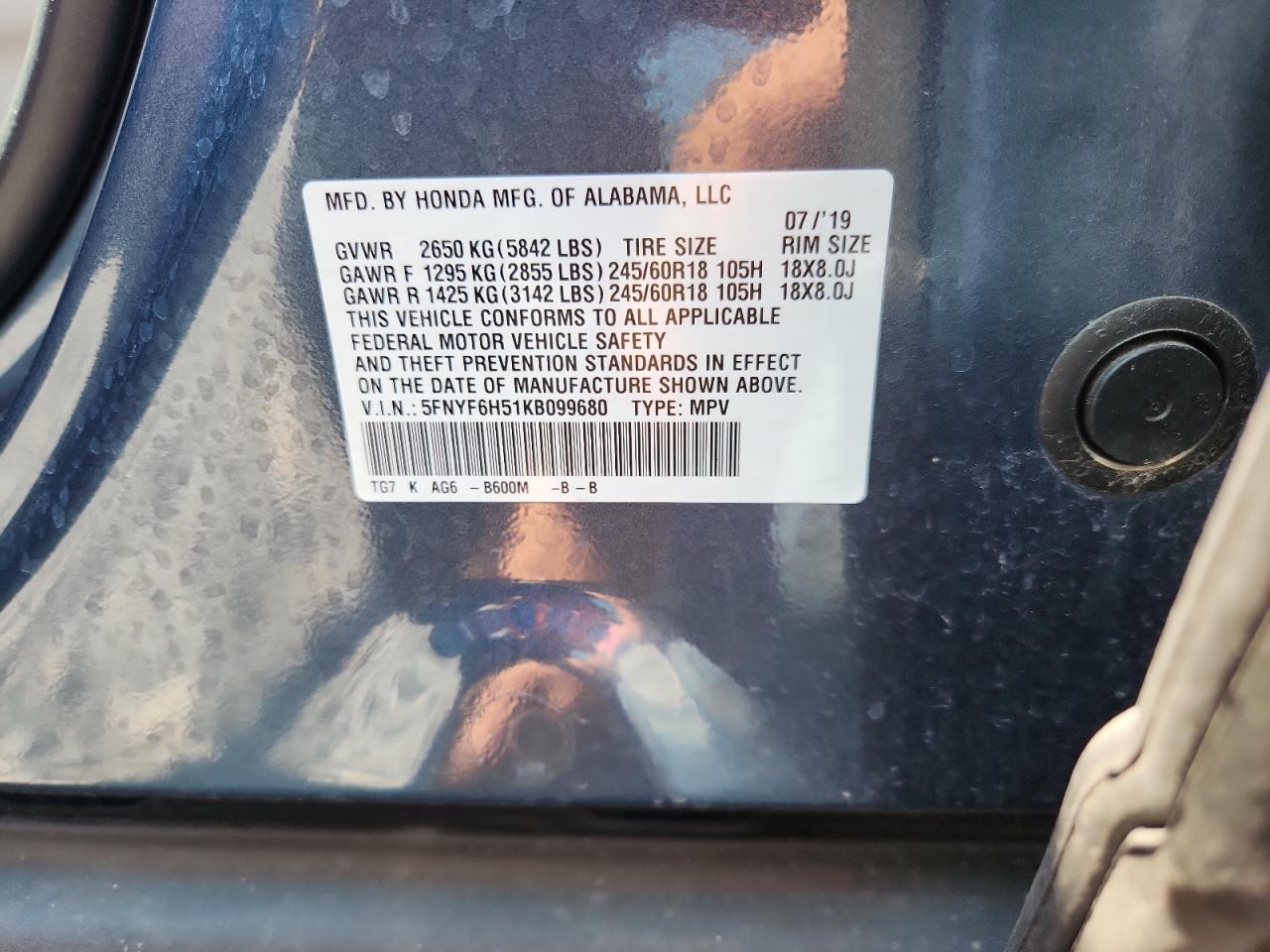 2019 Honda Pilot Exl VIN: 5FNYF6H51KB099680 Lot: 81247275