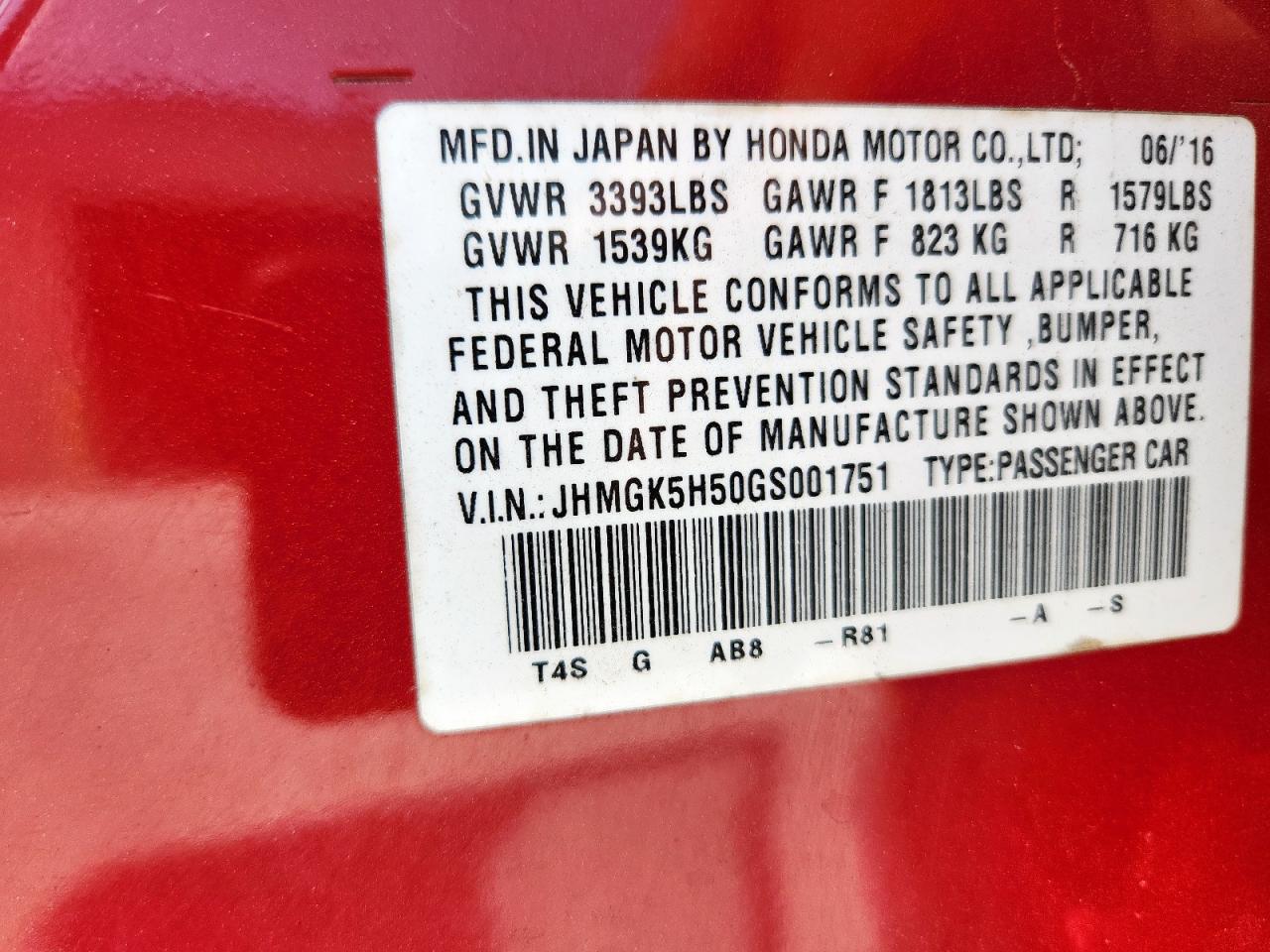 2016 Honda Fit Lx VIN: JHMGK5H50GS001751 Lot: 80206415