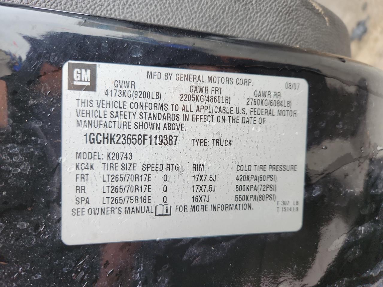 2008 Chevrolet Silverado K2500 Heavy Duty VIN: 1GCHK23658F119387 Lot: 71716195