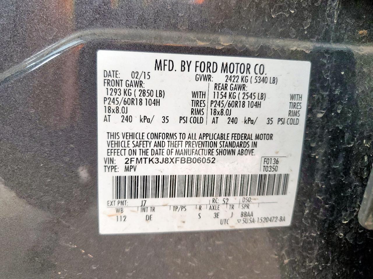 2015 Ford Edge Sel VIN: 2FMTK3J8XFBB06052 Lot: 71287435