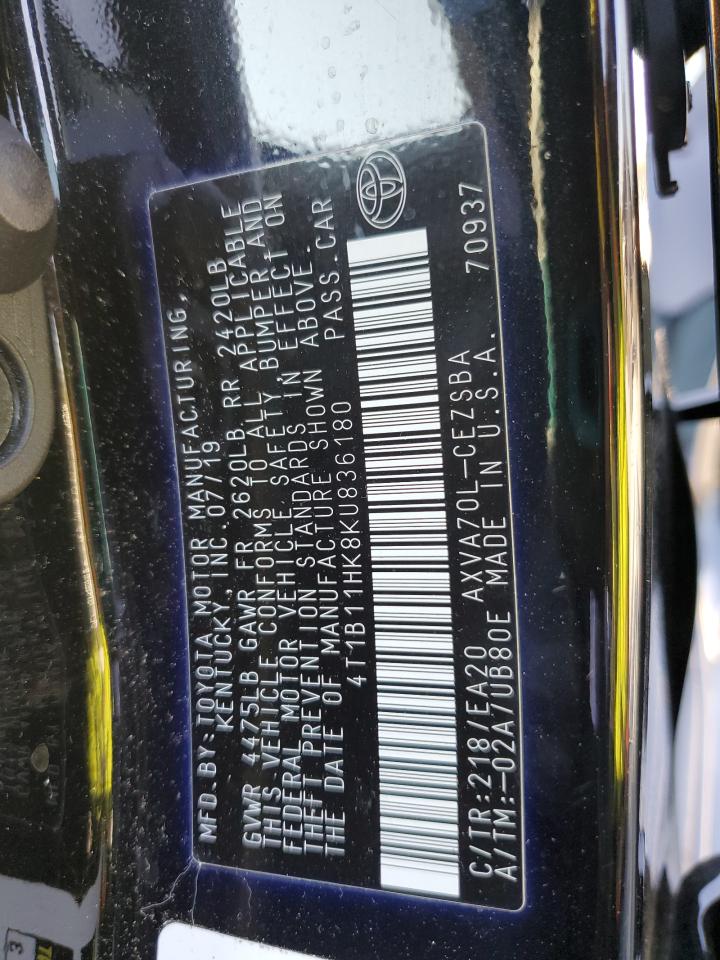 2019 Toyota Camry L VIN: 4T1B11HK8KU836180 Lot: 80786365