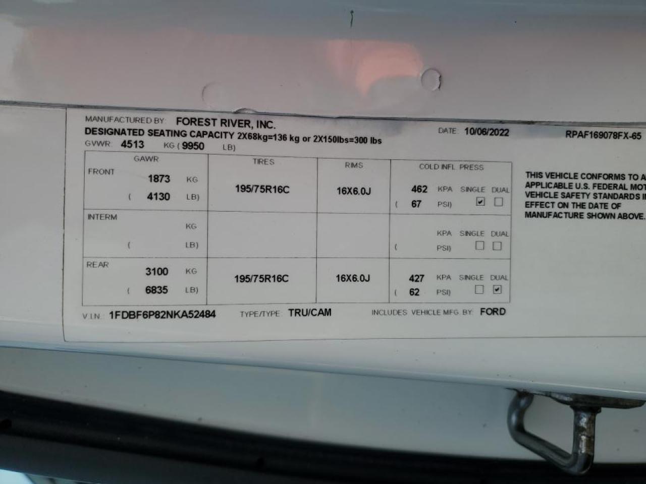 2022 Ford Transit T-350 Hd VIN: 1FDBF6P82NKA52484 Lot: 71887965