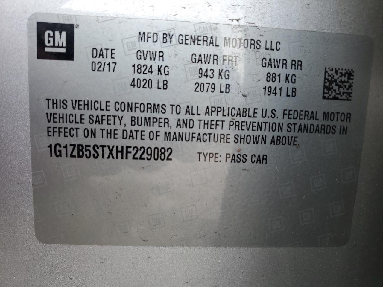 2017 Chevrolet Malibu Ls VIN: 1G1ZB5STXHF229082 Lot: 71882405