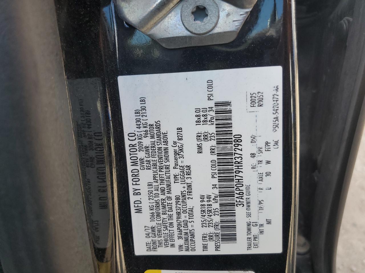 2017 Ford Fusion Se VIN: 3FA6P0H79HR372980 Lot: 81851705