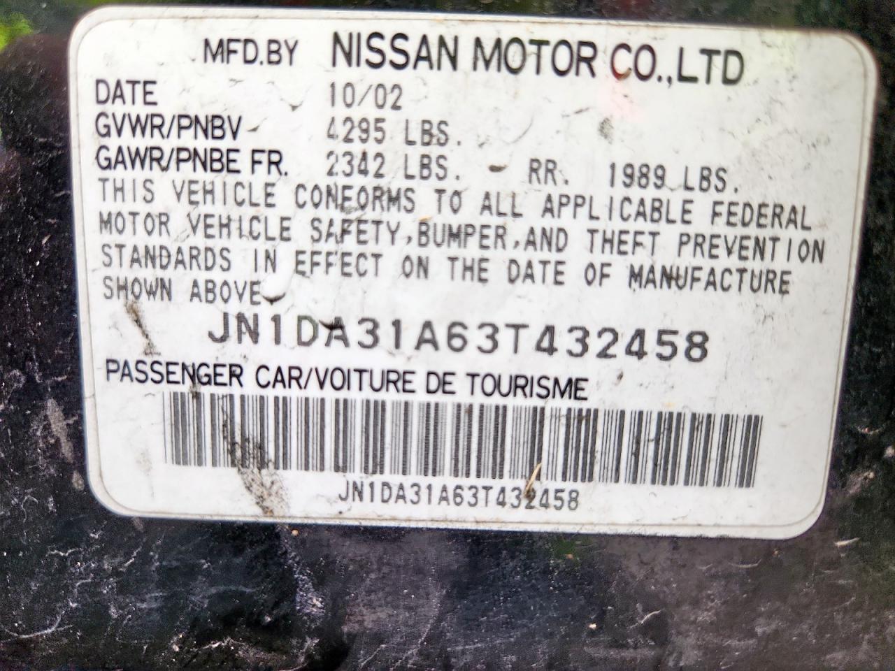 2003 Nissan Maxima Gle VIN: JN1DA31A63T432458 Lot: 83938105