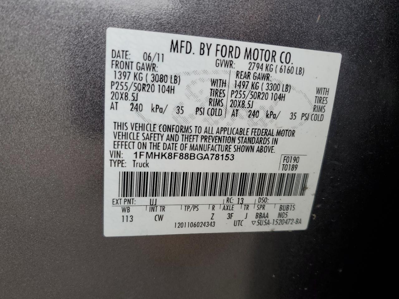 2011 Ford Explorer Limited VIN: 1FMHK8F88BGA78153 Lot: 81710825