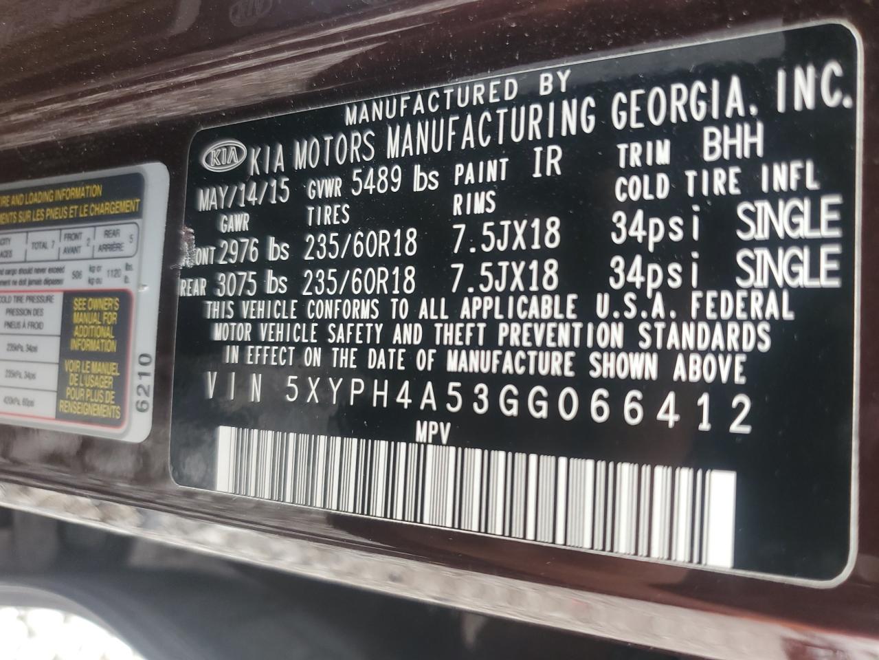 2016 Kia Sorento Ex VIN: 5XYPH4A53GG066412 Lot: 81458015