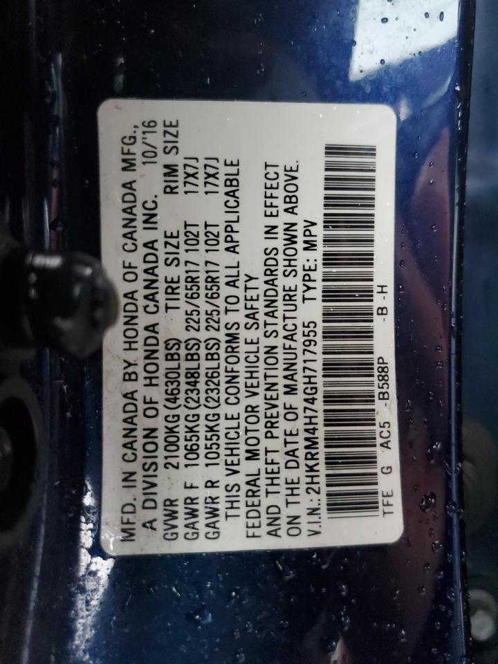 2016 Honda Cr-V Exl VIN: 2HKRM4H74GH717955 Lot: 81377395