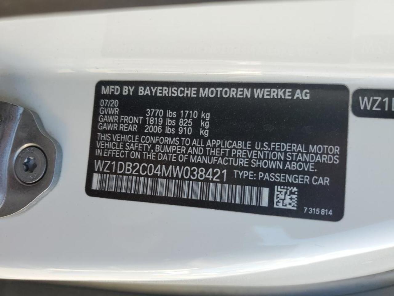 2021 Toyota Supra VIN: WZ1DB2C04MW038421 Lot: 93734195