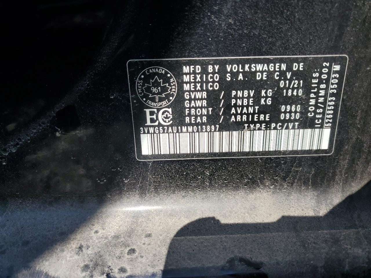 2021 Volkswagen Golf VIN: 3VWG57AU1MM013897 Lot: 82142205