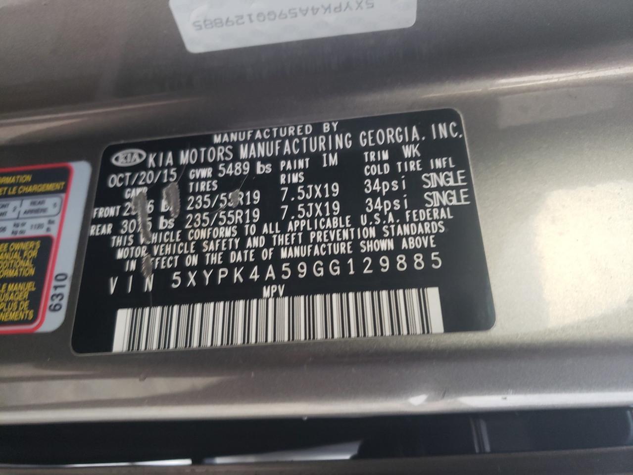 2016 Kia Sorento Sx VIN: 5XYPK4A59GG129885 Lot: 80078145