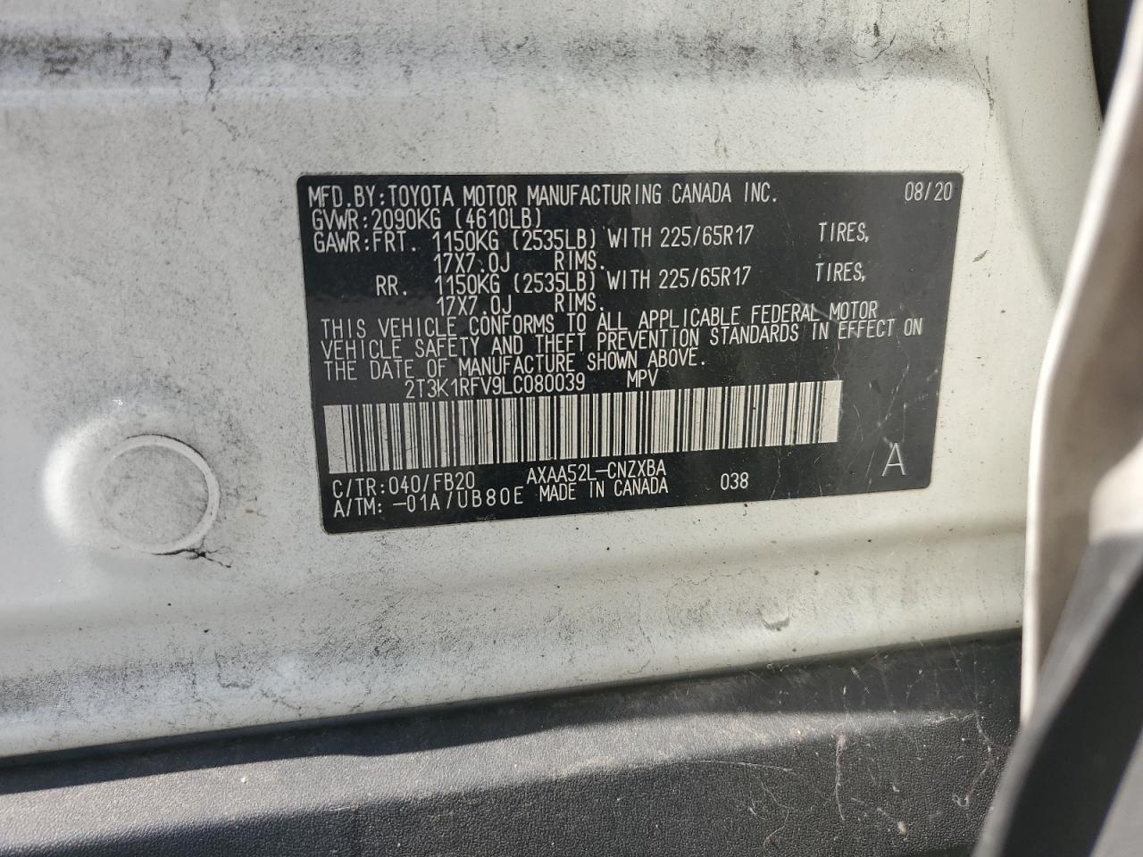 2020 Toyota Rav4 Le VIN: 2T3K1RFV9LC080039 Lot: 80409185