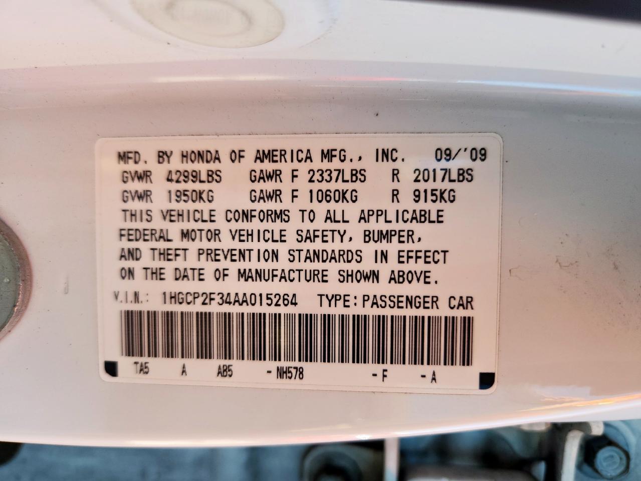 2010 Honda Accord Lx VIN: 1HGCP2F34AA015264 Lot: 71478885