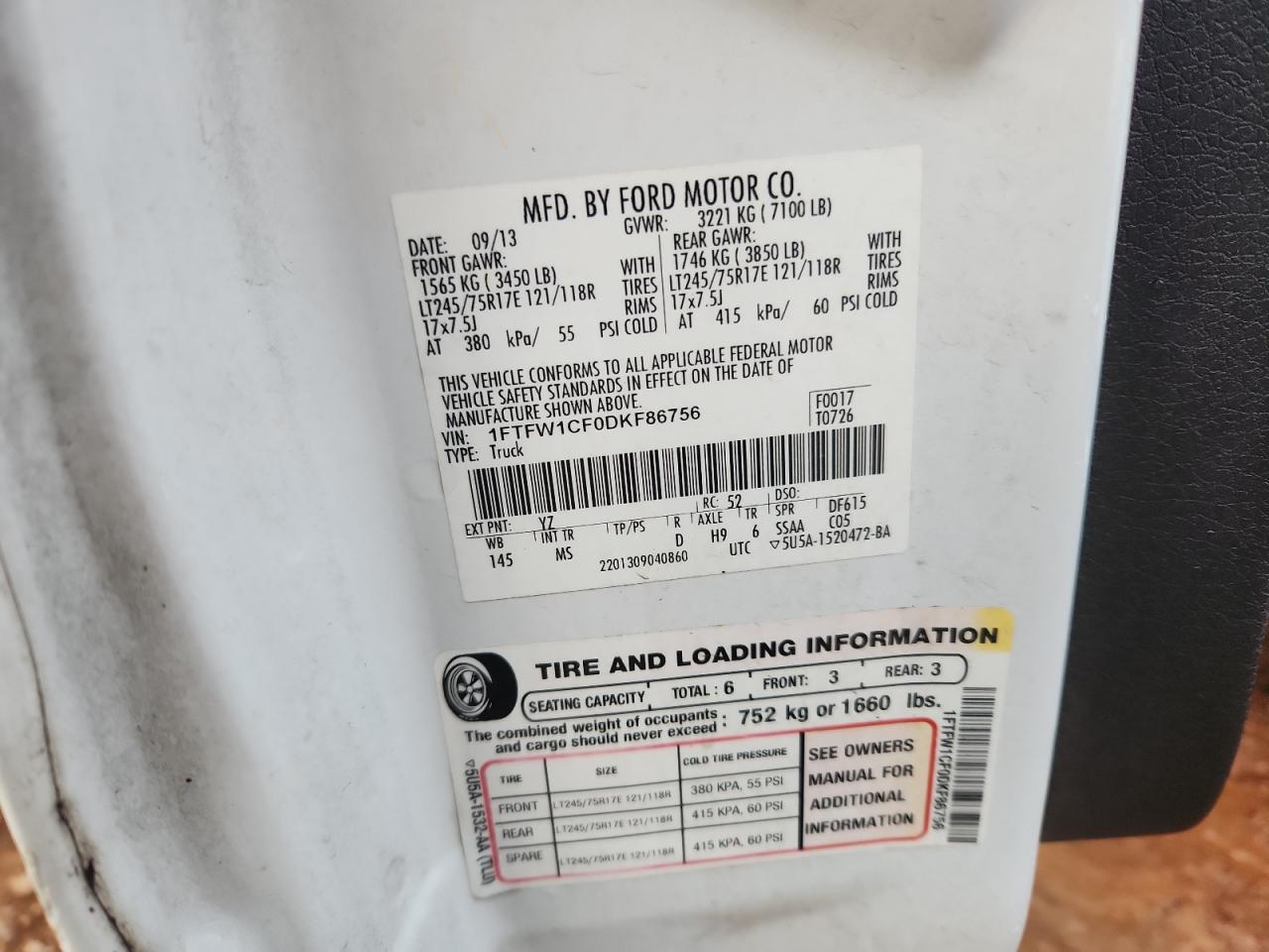 2013 Ford F150 Supercrew VIN: 1FTFW1CF0DKF86756 Lot: 81214165