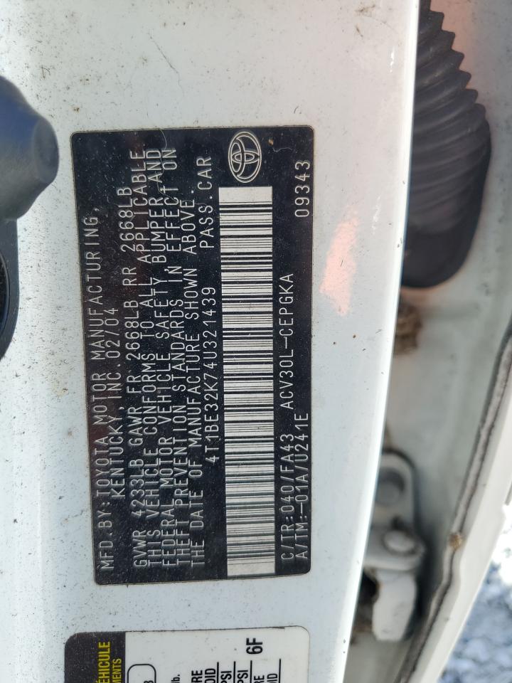 2004 Toyota Camry Le VIN: 4T1BE32K74U321439 Lot: 84229095