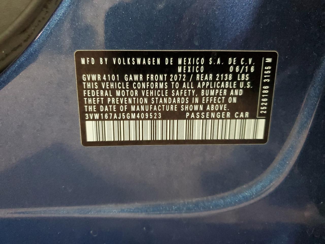 2016 Volkswagen Jetta S VIN: 3VW167AJ5GM409523 Lot: 81305435