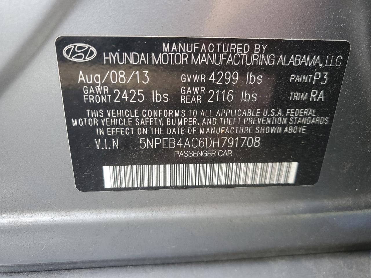 2013 Hyundai Sonata Gls VIN: 5NPEB4AC6DH791708 Lot: 81558435